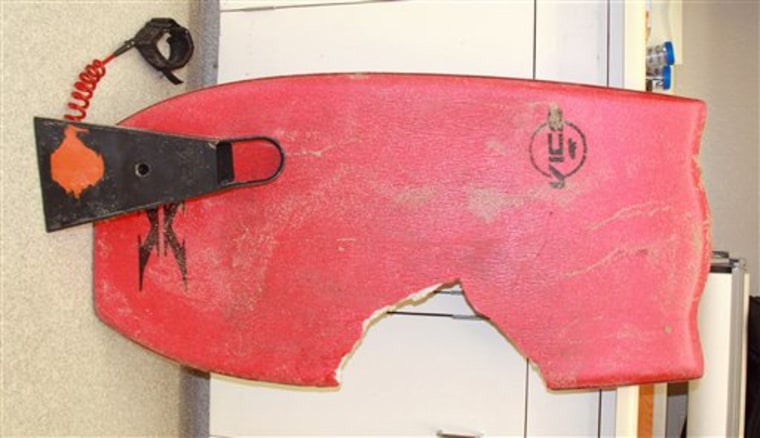 This photo provided by the Santa Barbara County Sheriff's Department shows the bite of a shark on a boogie-board on which Lucas Ransom, 19, was killed Friday in a shark attack at a Vandenberg Air Force Base beadch near Lompoc, Calif.